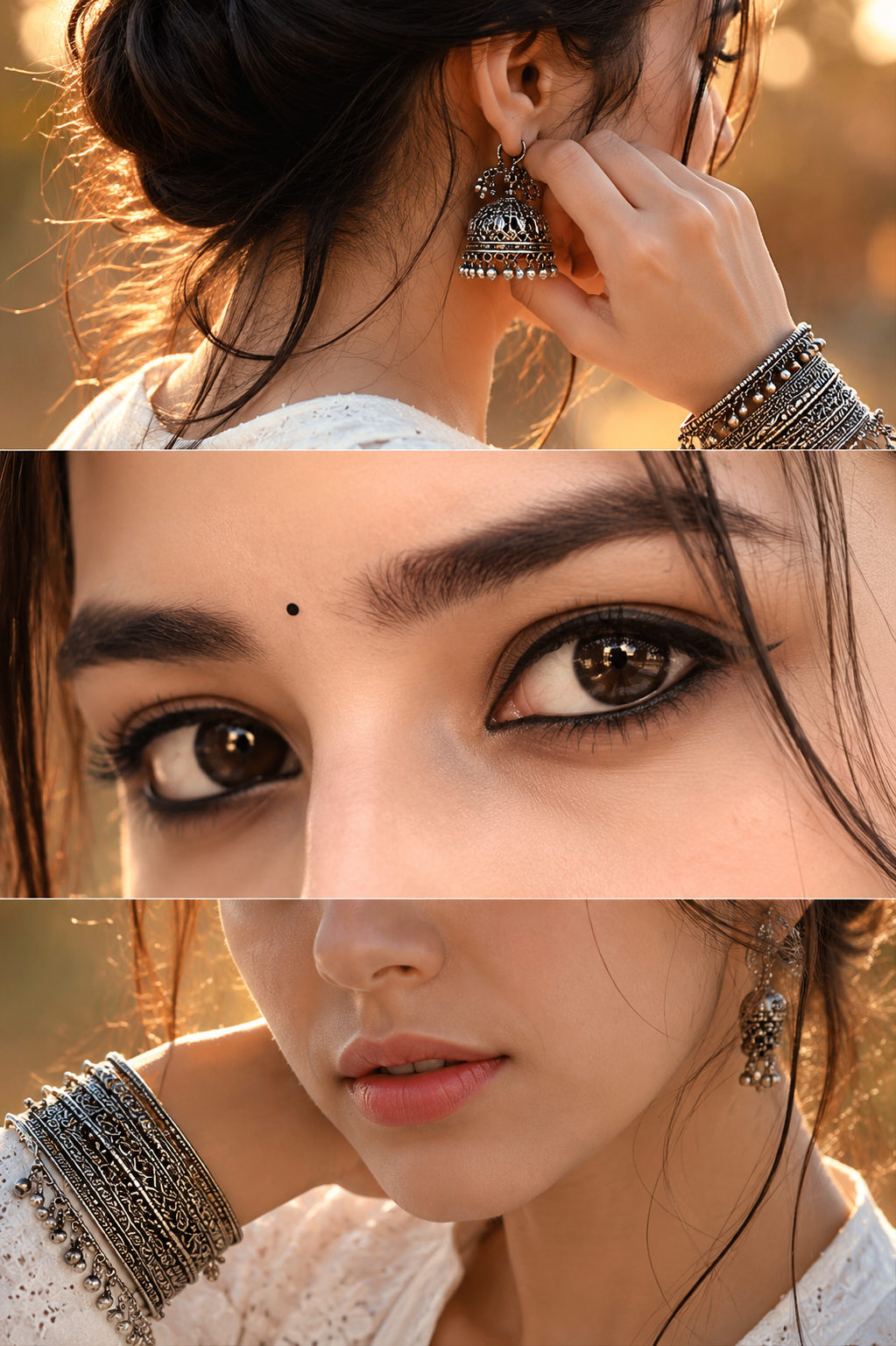 Cinematic Eyes Focus AI photo editing prompt outdoor golden-hour example Outdoor golden-hour Cinematic Eyes Focus AI photo editing prompt collage with an oxidized silver jhumka, macro kohl-lined eyes with a black bindi, and a soft-smile lower-face portrait