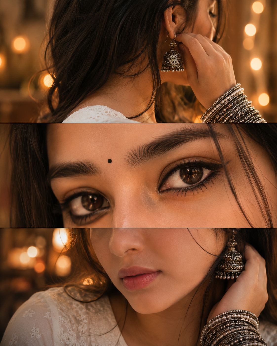 Cinematic Eyes Focus AI photo editing prompt indoor identity-lock example Identity-locked Cinematic Eyes Focus AI photo editing prompt collage with warm fairy-light bokeh, an oxidized silver jhumka with pearl bangles, kohl-lined eyes with a black bindi, and a soft lower-face portrait
