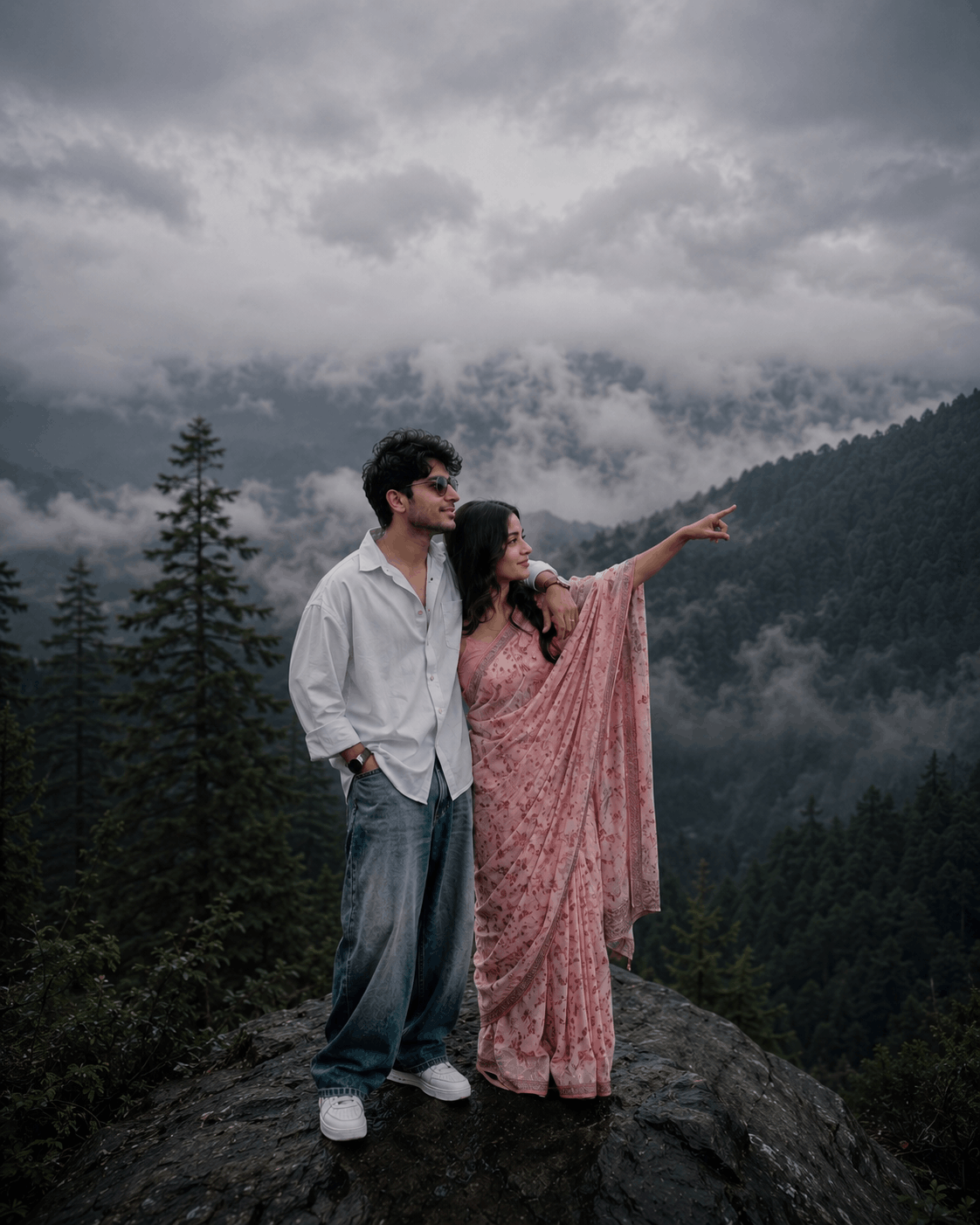 Mountain peak pointing pose example Tech Upkar aesthetic couple prompt example showing a couple standing on a mountain peak pointing at the horizon in dense fog