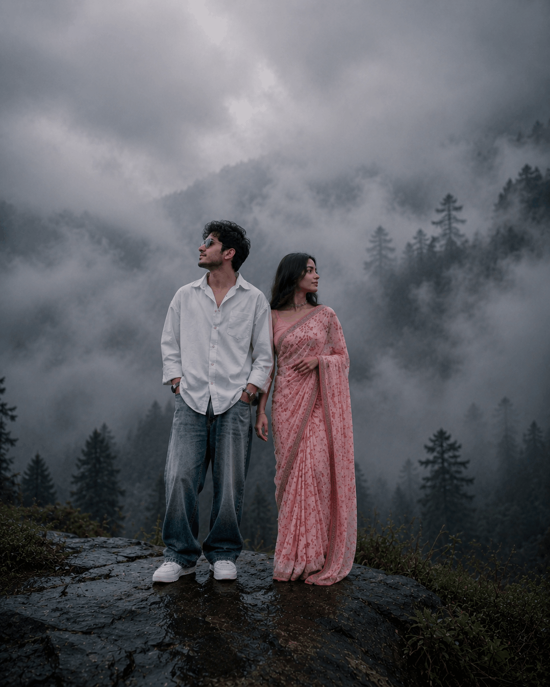 Cliff edge sitting pose example Tech Upkar aesthetic couple prompt example showing a couple sitting on the edge of a mountain cliff with legs dangling in heavy mist