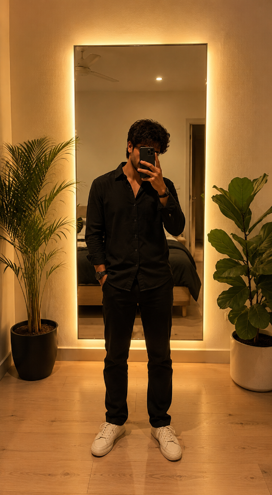 Aesthetic Mirror Selfie of a young man in a modern minimalist bedroom with a warm LED-lit rectangular mirror