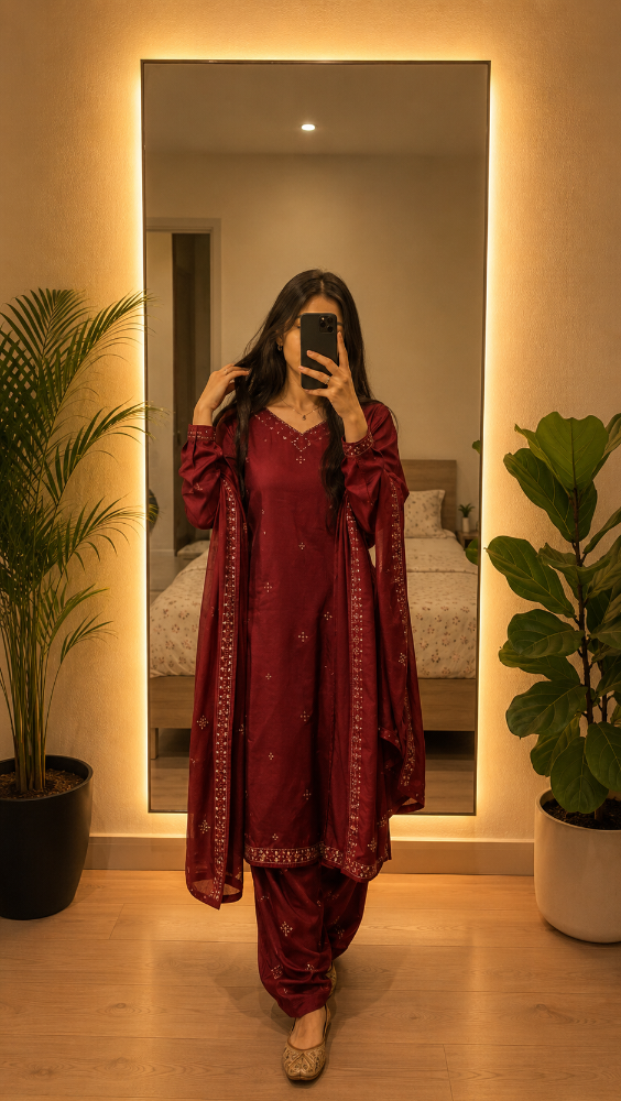 Aesthetic Mirror Selfie of a young woman in a red embroidered salwar suit in a warm LED-lit bedroom