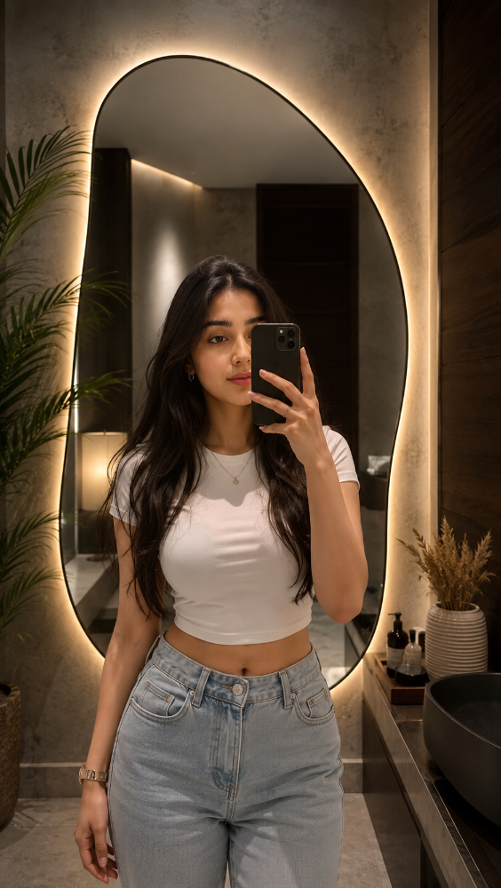 Aesthetic Mirror Selfie of a fashionable young woman in a luxury dressing room with an organic-shaped LED mirror