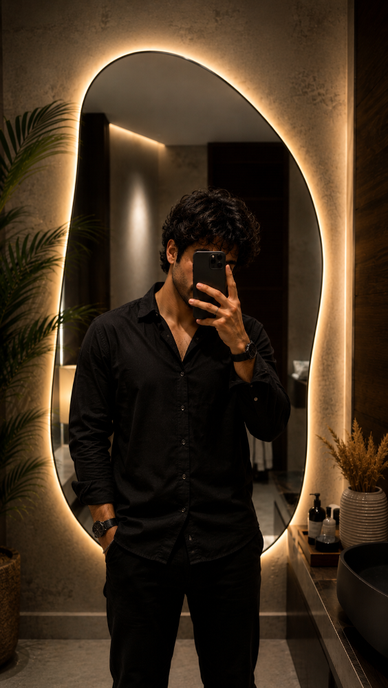 Aesthetic Mirror Selfie of a fashionable young man in a luxury dressing room with an organic-shaped LED mirror