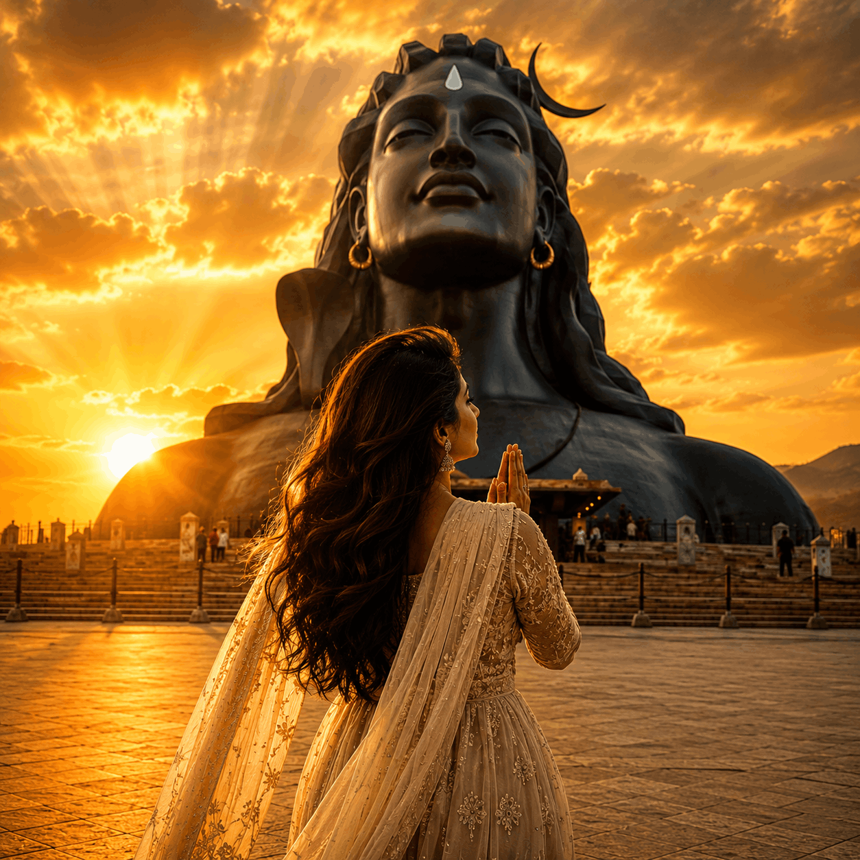 Adiyogi Namaste portrait female example Divine Shiva AI Photo Editing Prompt of a woman in Namaste pose facing the Adiyogi statue in golden light