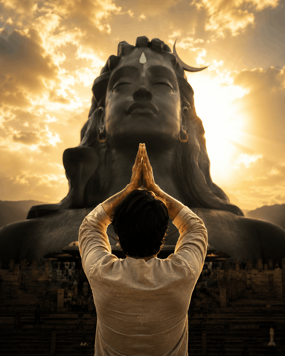 Adiyogi Namaste portrait boy example Divine Shiva AI Photo Editing Prompt of a young boy in prayer facing the Adiyogi statue in golden divine light