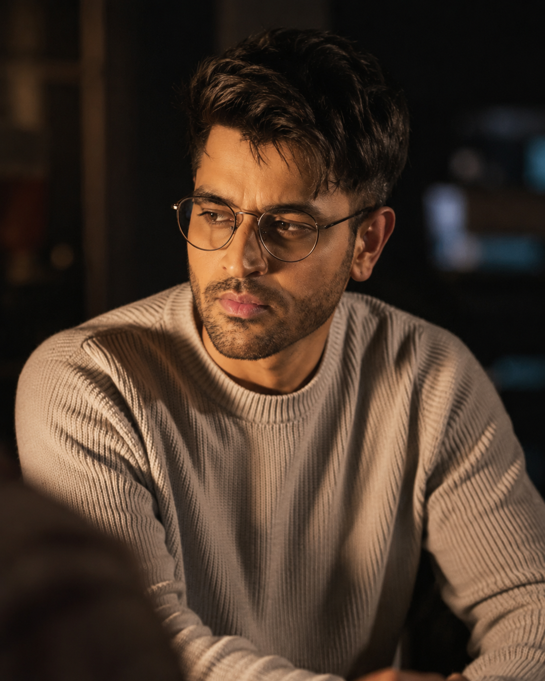 Moody golden-light portrait prompt result of a young man wearing round glasses and a knit sweater with a handwritten signature overlay