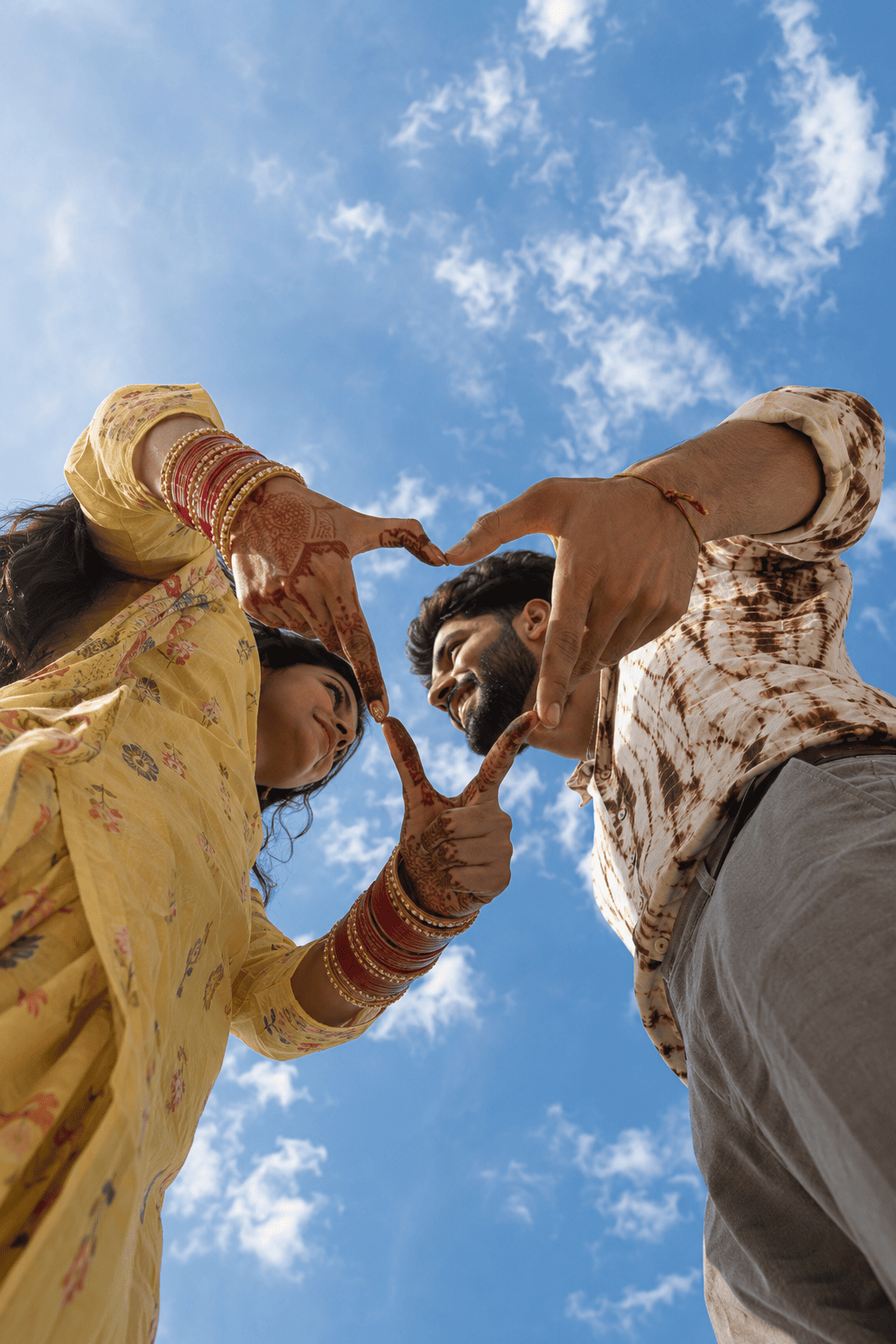 Heart hands couple worm's-eye view example Tech Upkar Low Angle AI Photo prompt example showing a couple forming a heart shape with their hands against a bright blue sky