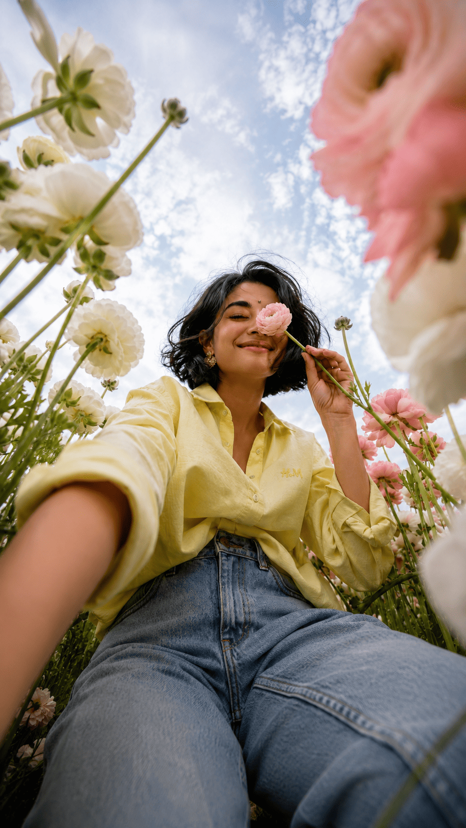 Flower field selfie worm's-eye view example Tech Upkar Low Angle AI Photo prompt example showing a woman holding a flower over her eye in a blooming flower field
