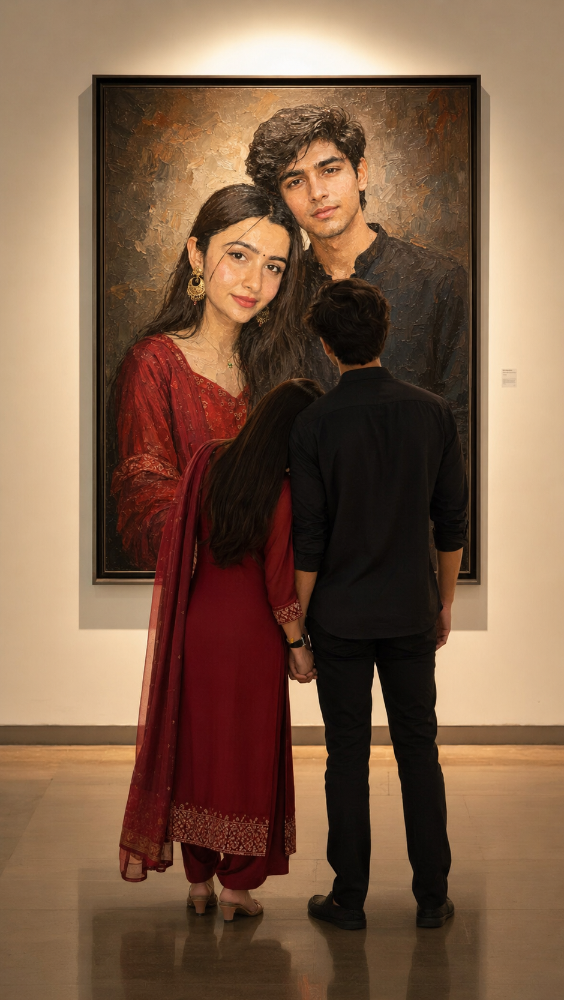 Museum Portrait AI couple painting gallery example Museum Portrait AI couple viewed from behind holding hands in front of a large oil painting portrait in a modern art gallery