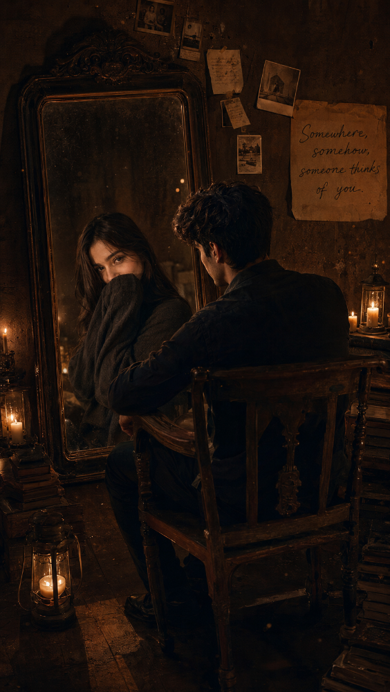Museum Portrait AI candle-lit mirror room example Museum Portrait AI man sitting alone in a candle-lit vintage room with a mysterious woman reflected in an antique mirror