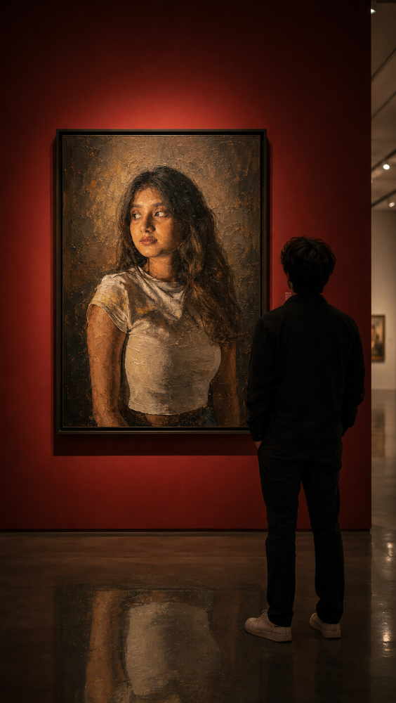 Museum Portrait AI red wall gallery portrait example Museum Portrait AI large oil painting portrait hanging on a deep red gallery wall with a man viewed from behind examining it