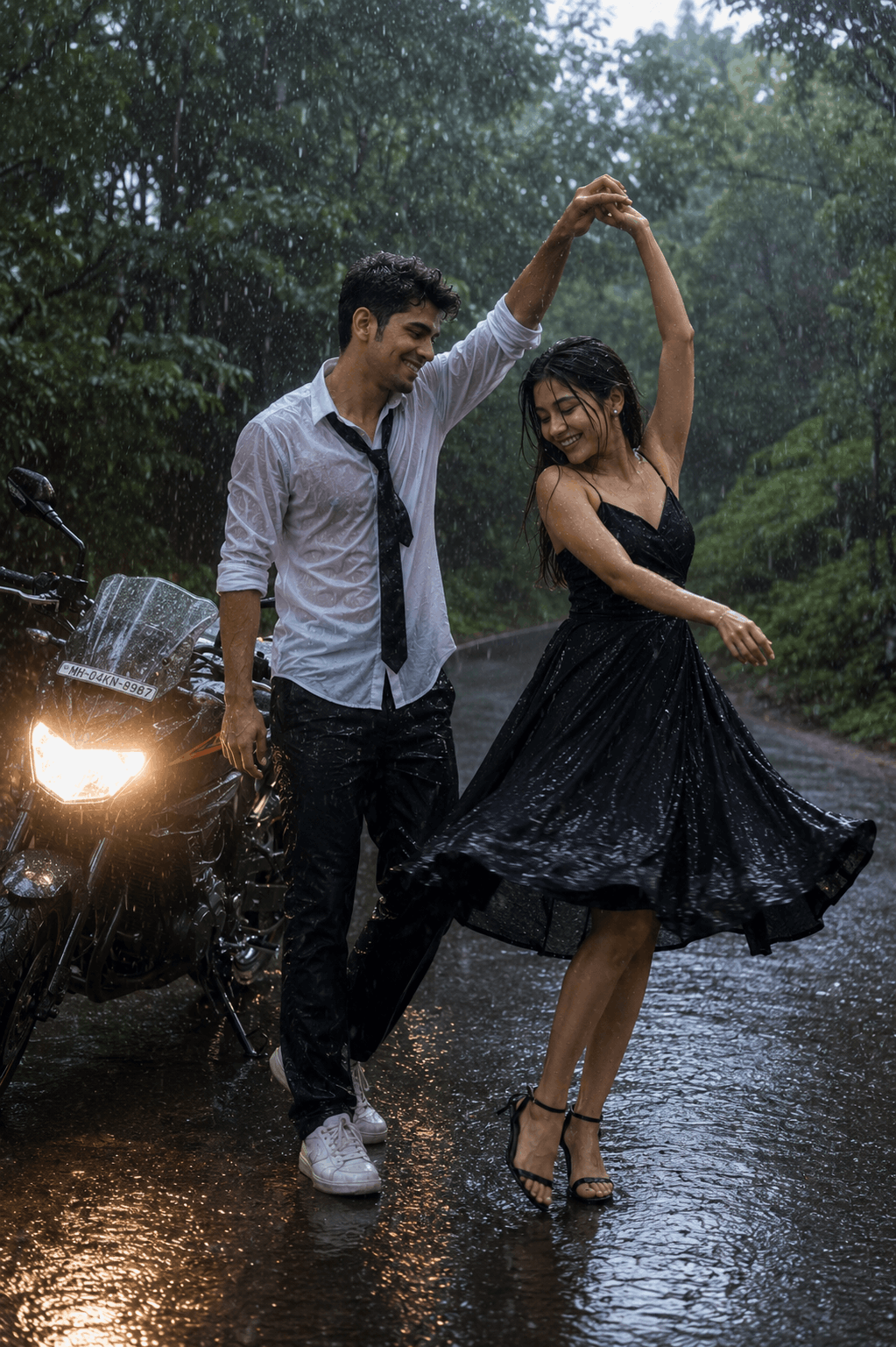 Rain Couple AI photo editing prompt result showing a couple dancing playfully in heavy rain on a wet forest road with a sports motorcycle glowing in the background