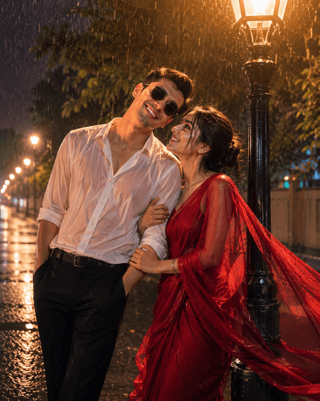 Rain Couple AI photo editing prompt result in vintage Bollywood style, showing a couple under a glowing street lamp in the rain with cinematic film grain