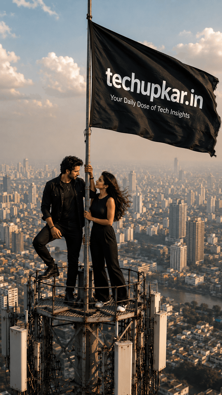 Tech Upkar Viral Couple Empire State photo prompt example showing two people standing on a tall tower platform above a hazy city skyline