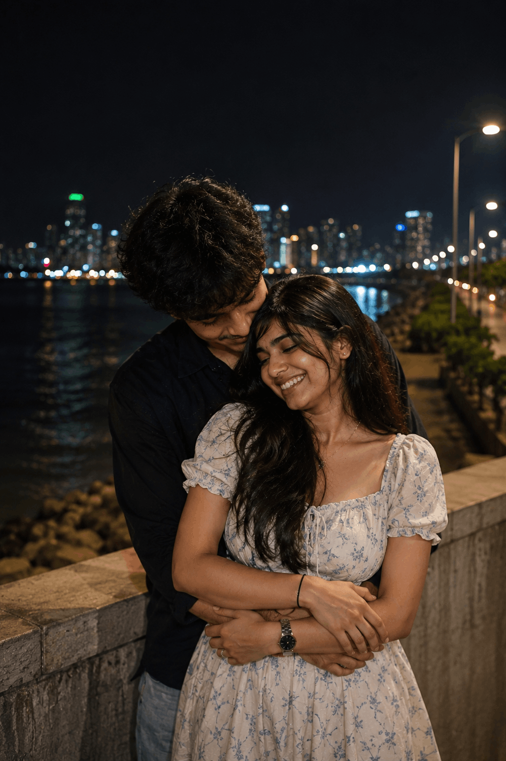 Potted plants embrace couple example Viral Love Couple AI photo editing showing an Indian couple embracing outdoors next to green potted plants