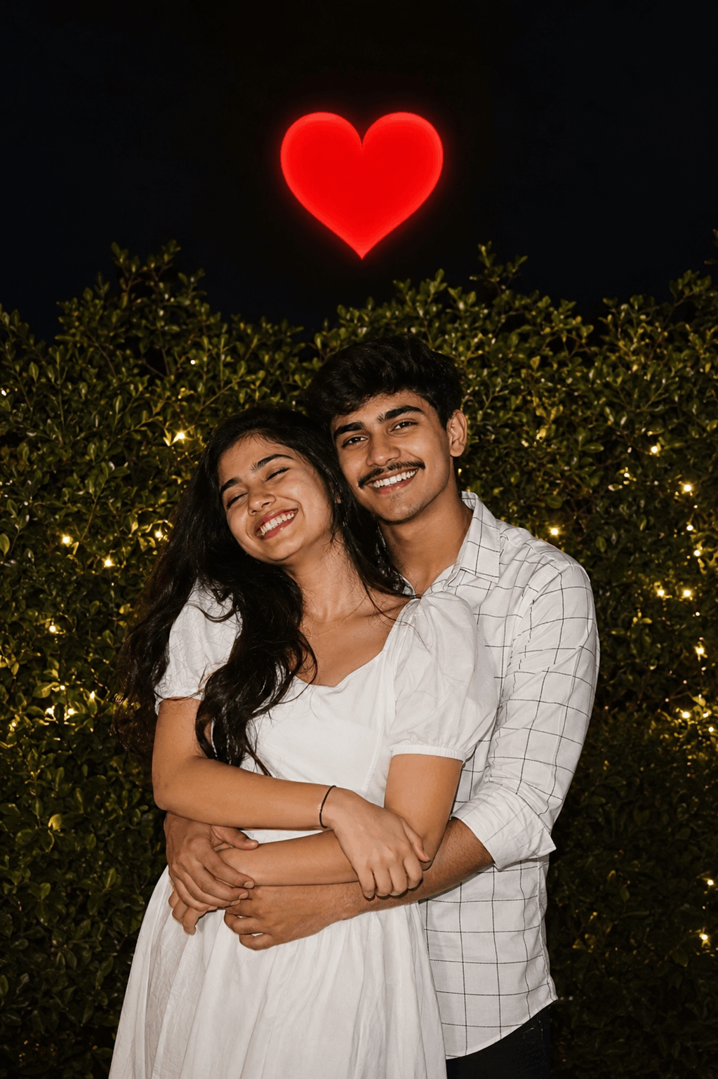 Fairy lights night hug couple example Viral Love Couple AI photo editing showing a couple hugging at night against a hedge with warm fairy lights and a glowing red heart emoji