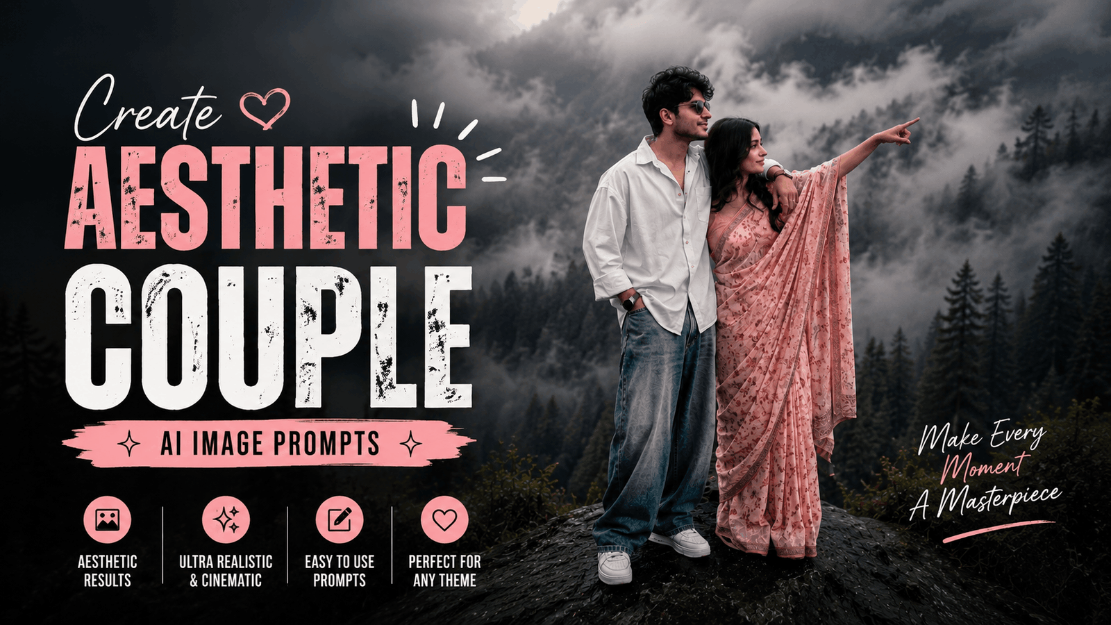 Tech Upkar Aesthetic Couple Prompt featured image showing a couple on a misty mountain peak with cinematic dark forest lighting