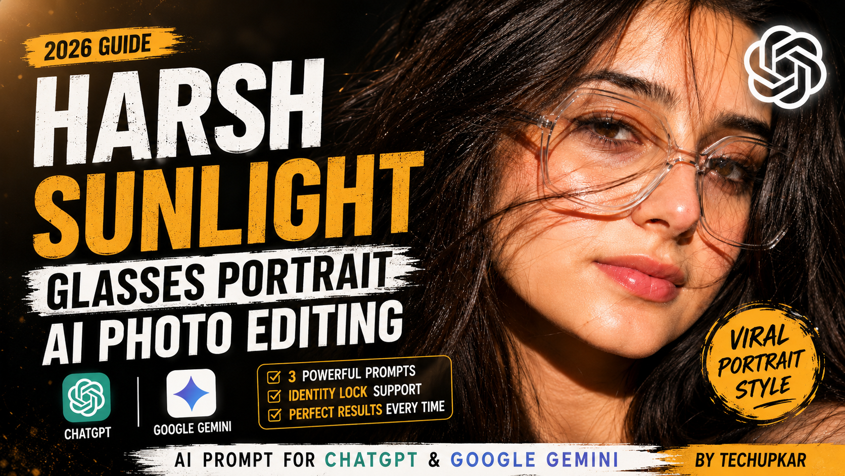 Harsh Sunlight Glasses Portrait AI photo editing prompt result showing an extreme close-up beauty portrait with transparent glasses and windblown hair in midday sun