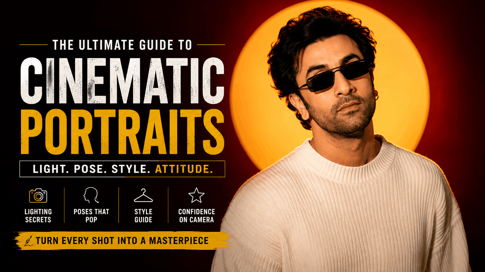 Luxury Editorial Studio Profile Photo AI Prompt featured image showing a magazine-style portrait with warm golden studio lighting on a burgundy backdrop