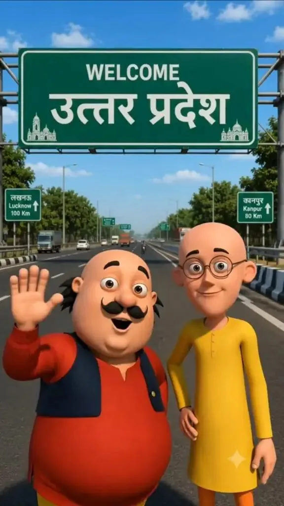 Viral Motu Patlu AI photo editing prompt example Viral Motu Patlu AI photo editing prompt example by Tech Upkar showing the characters standing in front of an Indian state welcome billboard on a highway