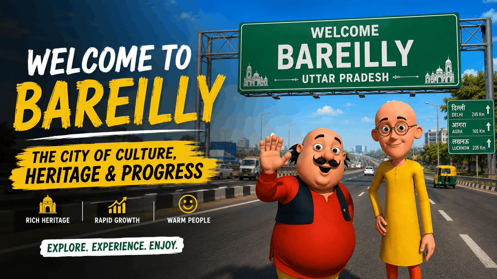 Tech Upkar Motu Patlu AI photo editing prompt featured image showing the cartoon characters posing in front of an Indian state welcome billboard
