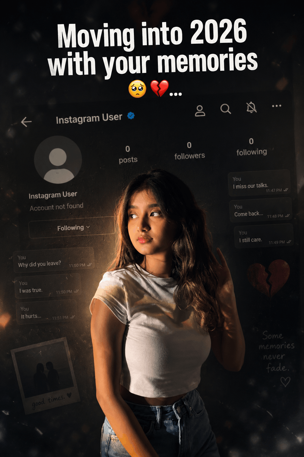 Moving Into 2026 With Your Memories AI photo prompt example Tech Upkar Moving Into 2026 With Your Memories AI photo prompt example showing a dark cinematic Instagram-style portrait edit