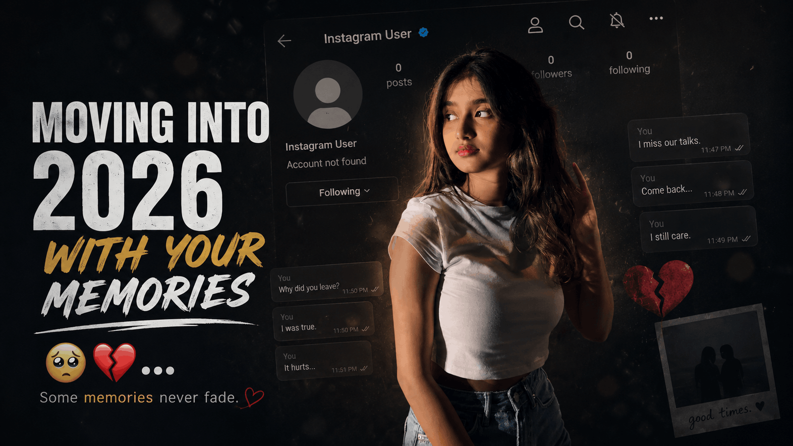 Tech Upkar Moving Into 2026 With Your Memories AI photo prompt featured image showing a dark cinematic Instagram-style portrait with faded chat overlays