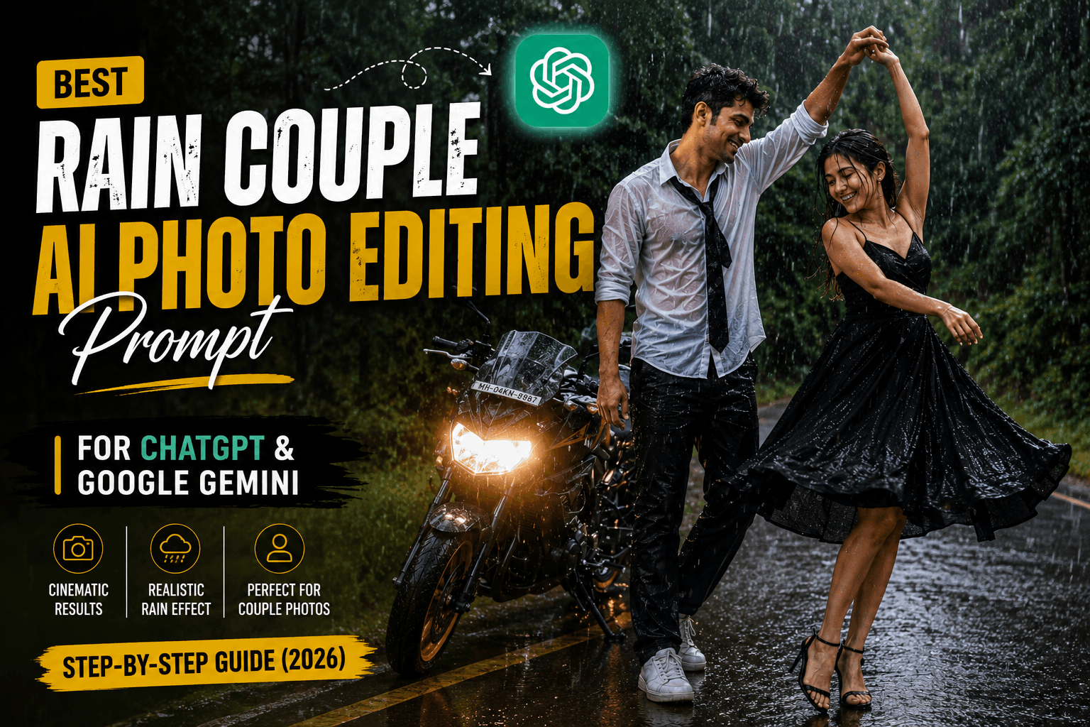 Rain Couple AI photo editing prompt result showing a cinematic couple dancing in heavy rain on a wet forest road