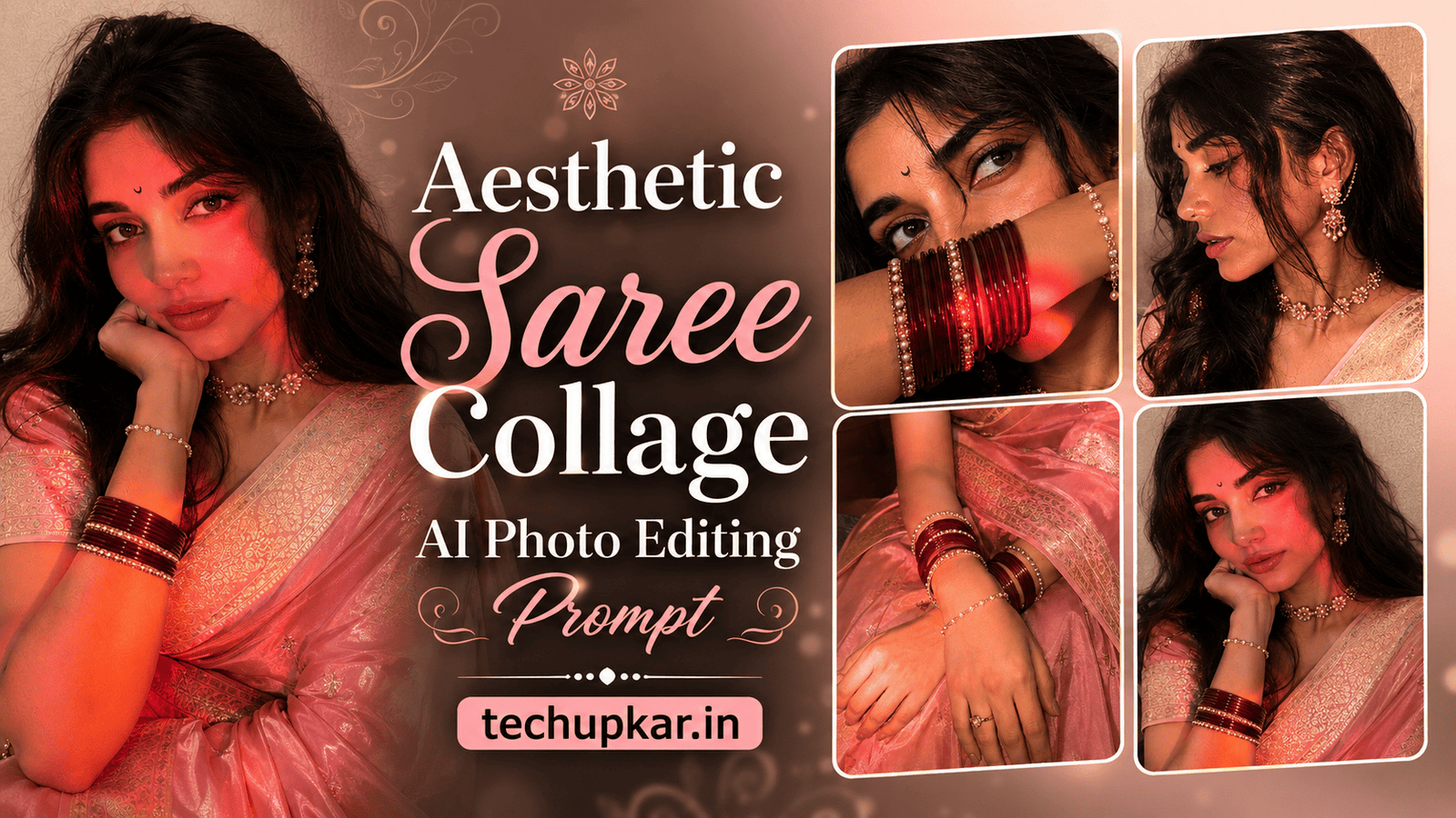 Tech Upkar Aesthetic Saree Collage AI photo editing prompt featured image showing a multi-frame saree portrait
