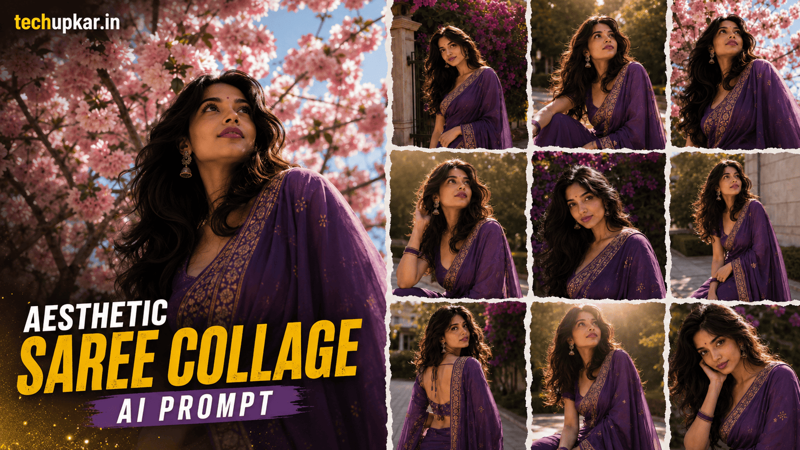 Aesthetic Saree Collage AI Prompt featured image by Tech Upkar with 9-frame purple saree collage style
