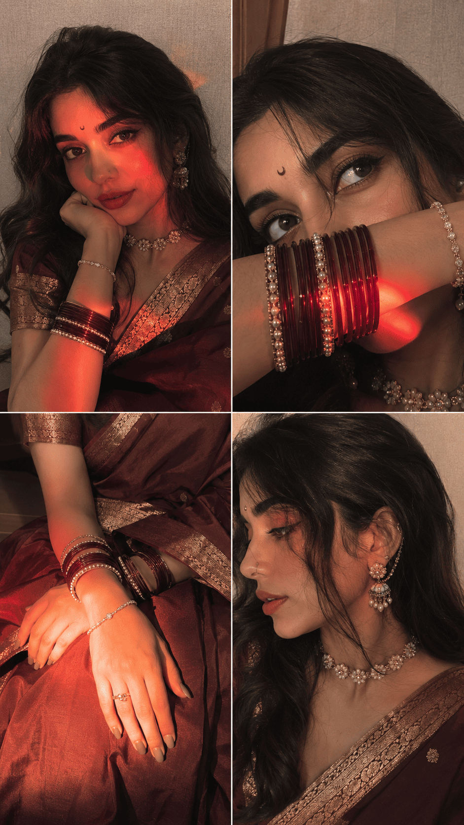 Tech Upkar Aesthetic Saree Collage maroon Banarasi saree AI photo editing prompt example generated using Google Gemini