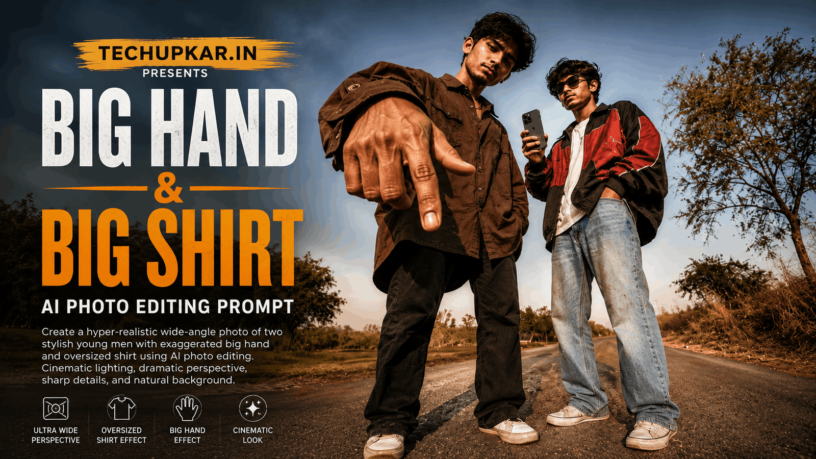 Tech Upkar Big Hand Big Shirt AI photo editing prompt featured image with oversized forced perspective