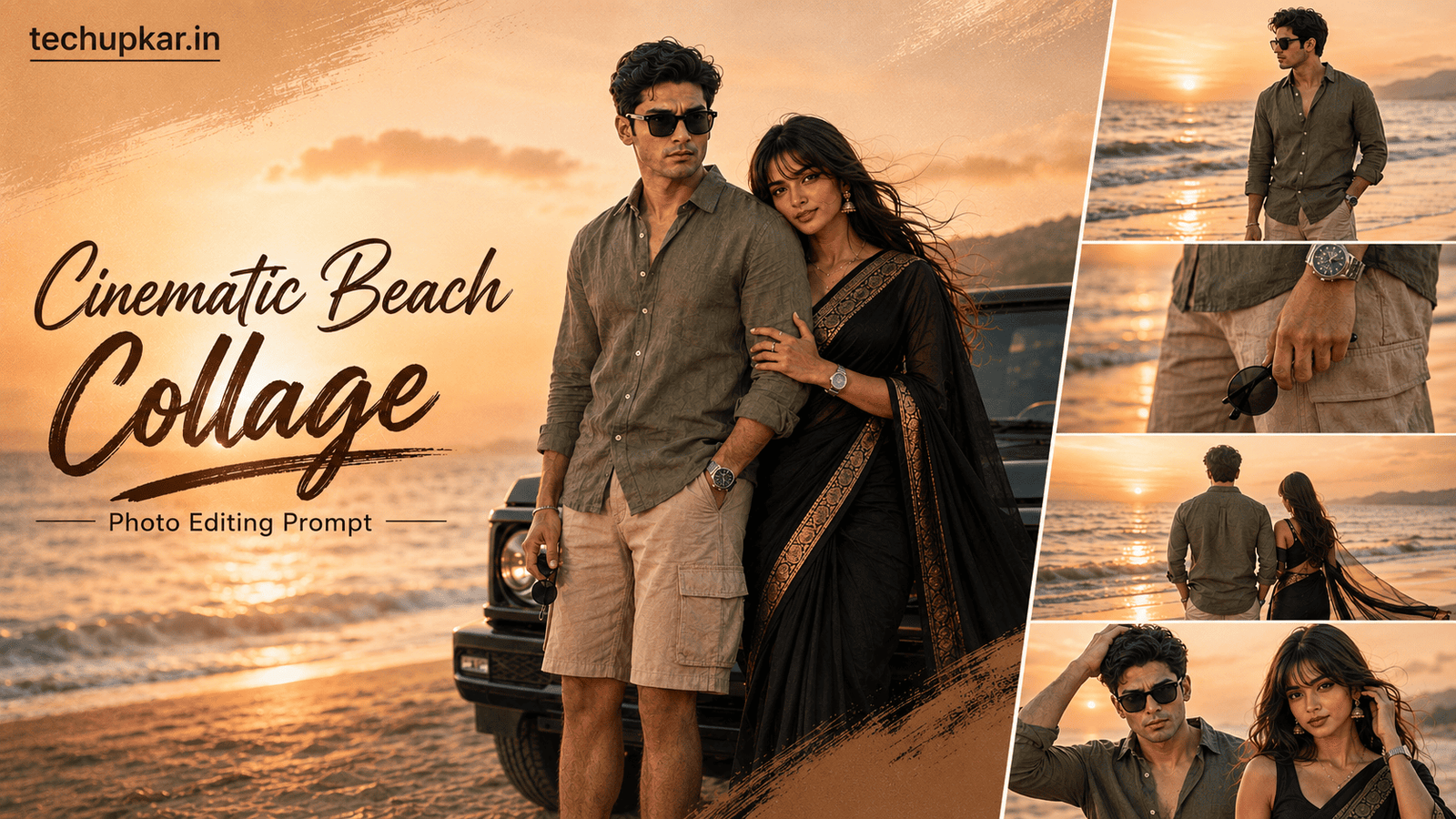 Cinematic Beach Collage AI Prompt featured image by Tech Upkar with sunset beach collage style
