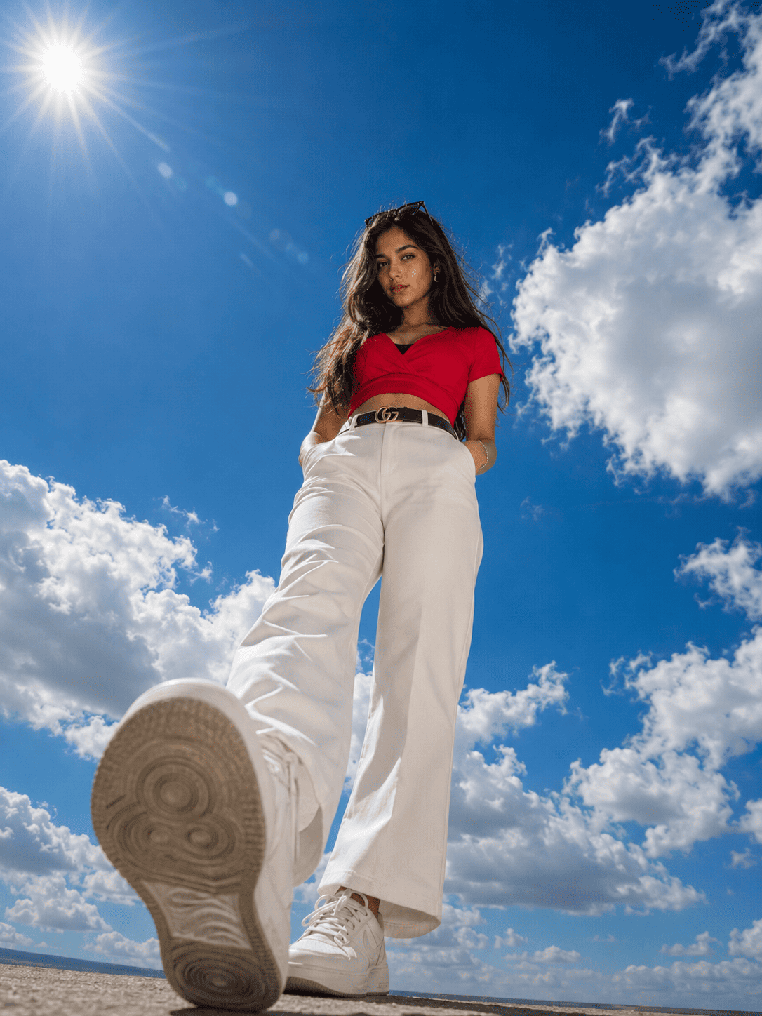 Cloudy And Sunlight Photo Prompt 1 example - Tech Upkar Cloudy And Sunlight Photo Prompt 1 example full body red outfit generated using ChatGPT by Tech Upkar