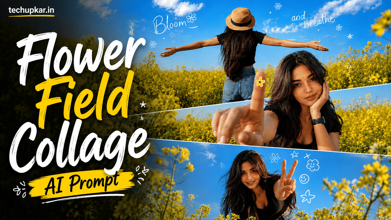 Flower Field Collage AI Prompt featured image by Tech Upkar with sunlit spring flower field style