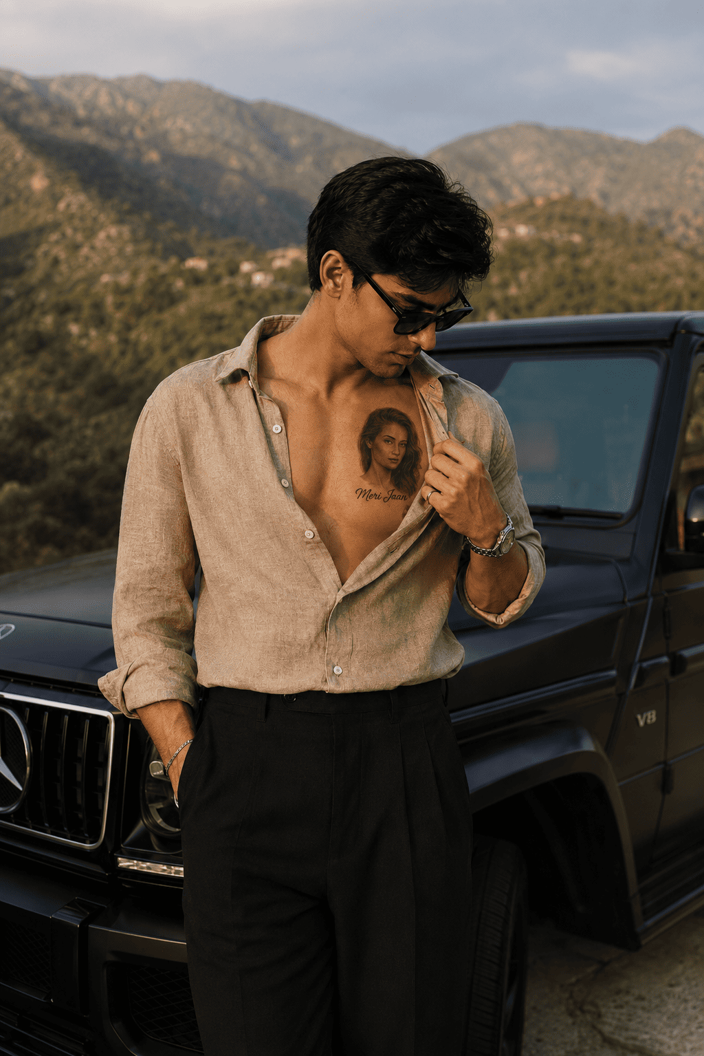 Hidden Portrait Tattoo AI prompt example - Tech Upkar Tech Upkar Hidden Portrait Tattoo AI prompt example generated using Google Gemini showing a realistic black and grey chest tattoo
