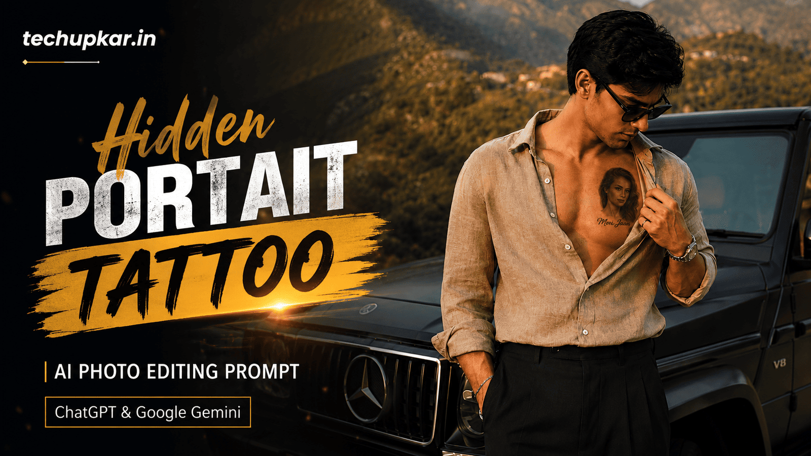 Tech Upkar Hidden Portrait Tattoo AI prompt featured image showing a realistic chest tattoo portrait edit