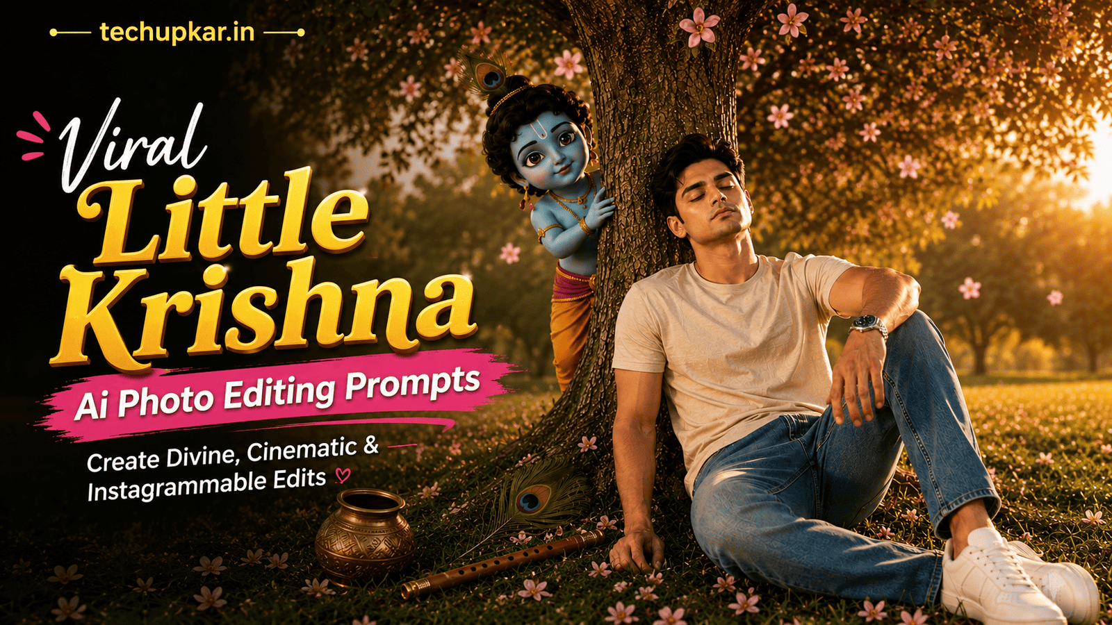 Tech Upkar Little Krishna AI photo editing prompt featured image with child under tree