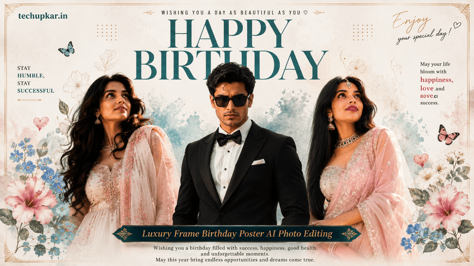 Luxury Birthday Poster AI Prompt featured image by Tech Upkar with golden frame birthday design