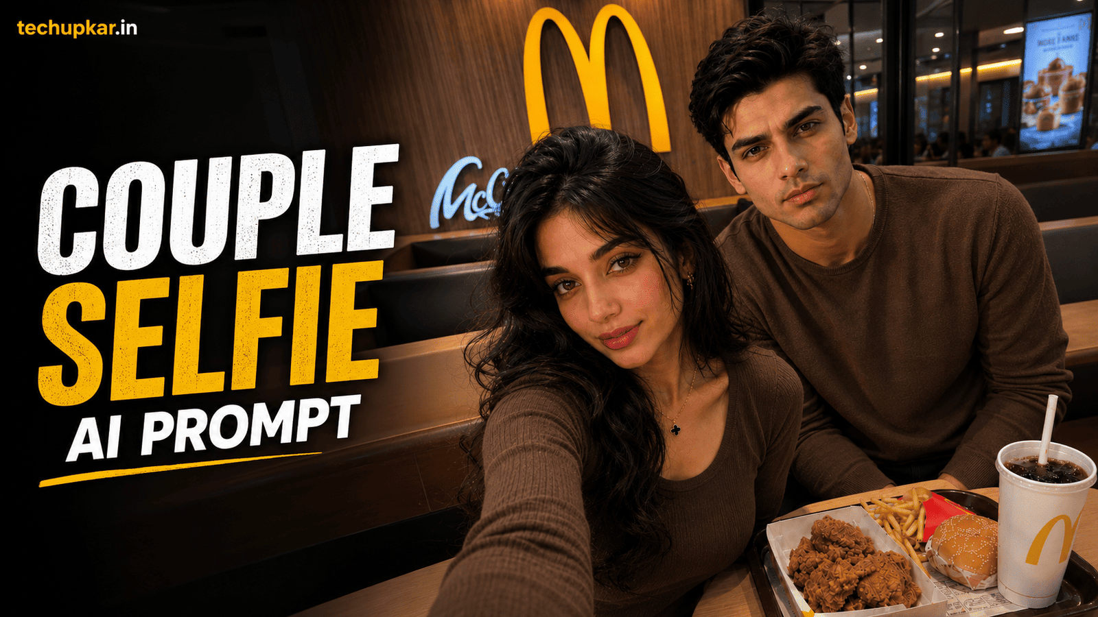 McDonald's Couple Selfie AI Prompt featured image by Tech Upkar with fast-food date selfie style