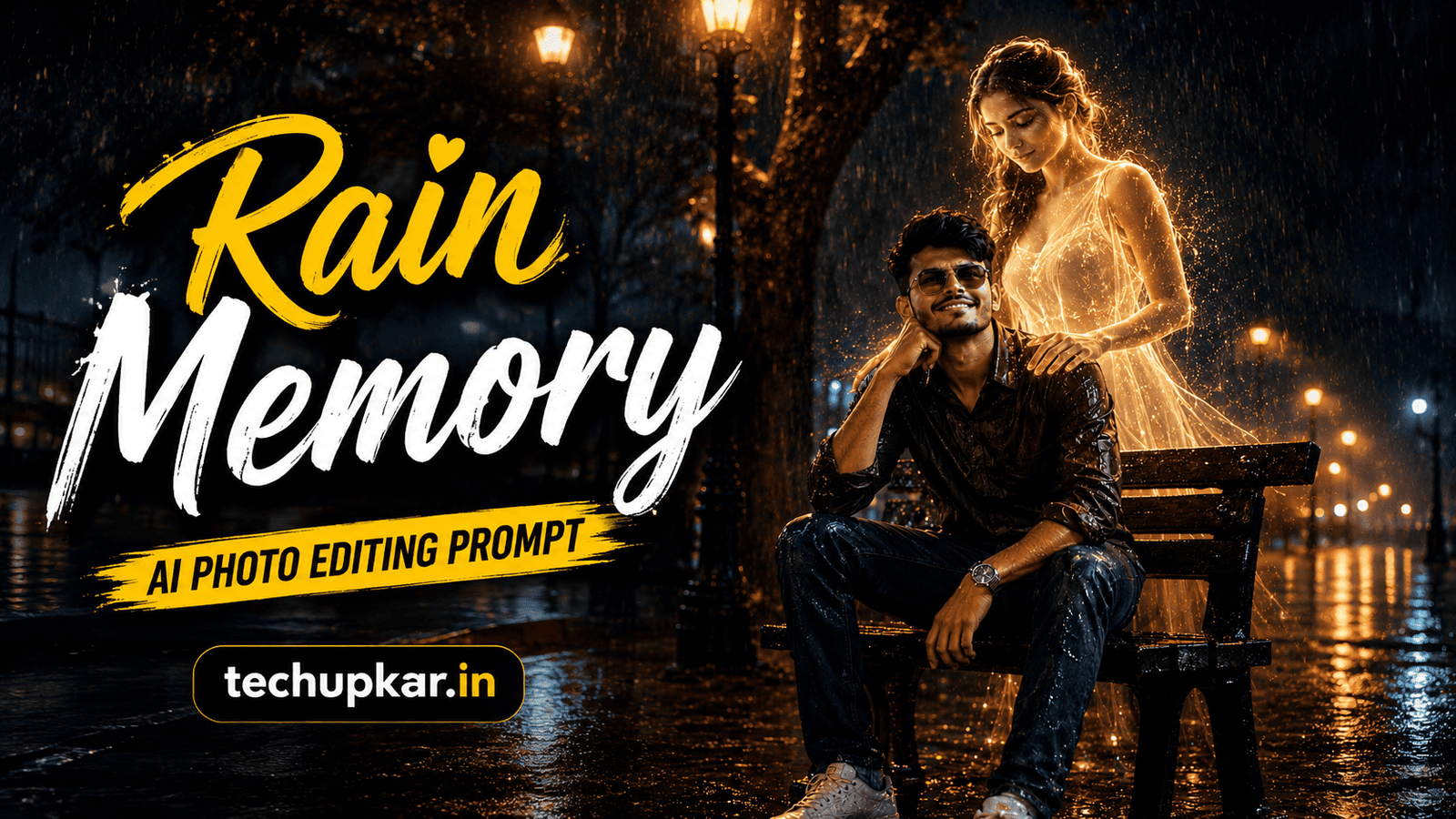 Tech Upkar Rain Memory AI photo editing prompt featured image showing a cinematic rain portrait