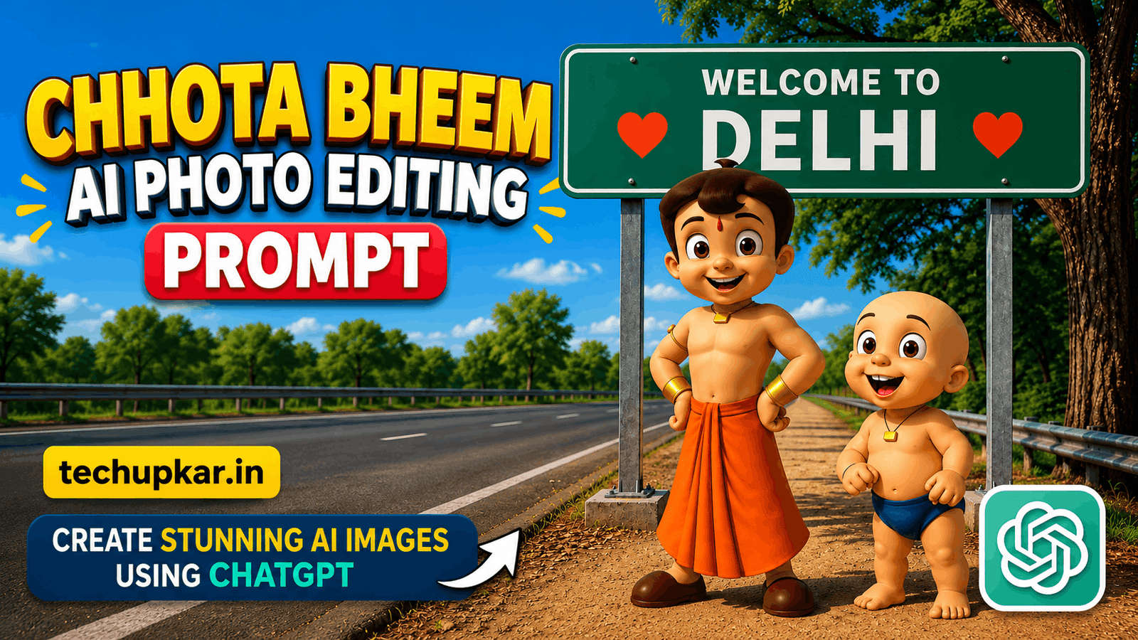Tech Upkar trending Chota Bheem and Raju AI photo showing the duo beside a Welcome To highway sign in a misty forest