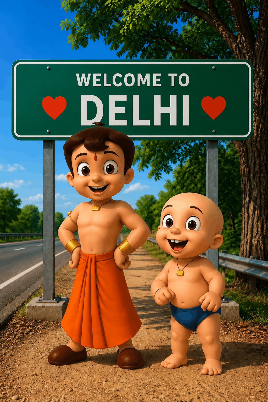 Welcome sign prompt example Tech Upkar Chota Bheem and Raju AI prompt example showing a Welcome To city highway sign in cinematic 3D style