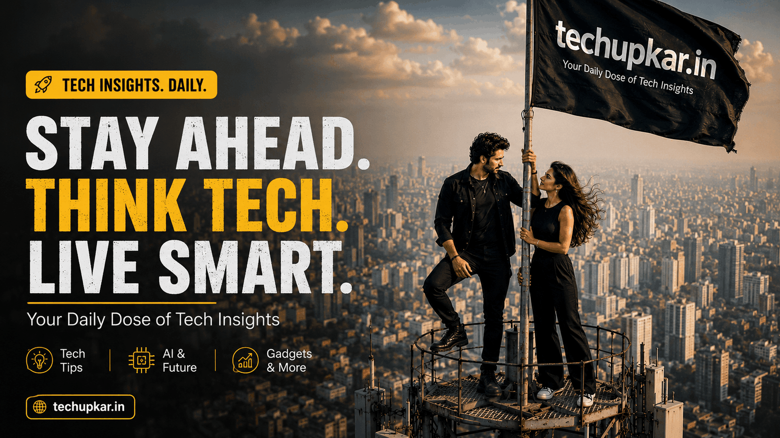 Tech Upkar Couple On Tower AI photo editing prompt featured image showing a couple standing on top of a tall tower above a city skyline