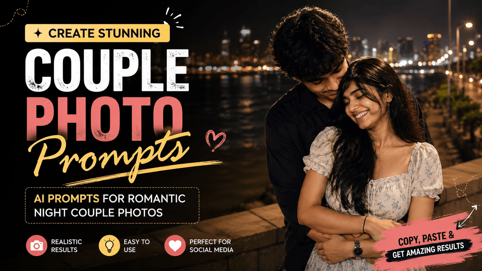 AI photo editing result showing a romantic cinematic couple portrait with warm natural lighting